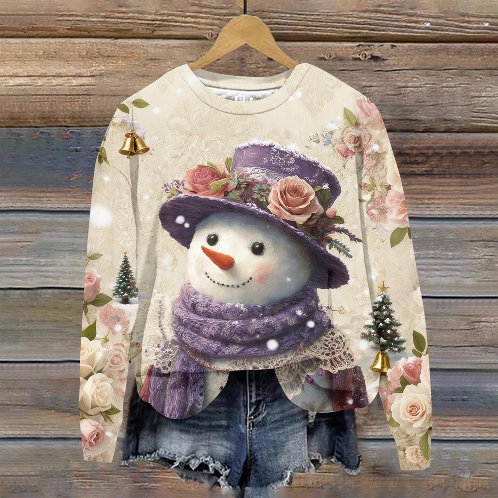 Women's Fashion Christmas Printed Long Sleeve Loose Round Neck Sweatshirt Top