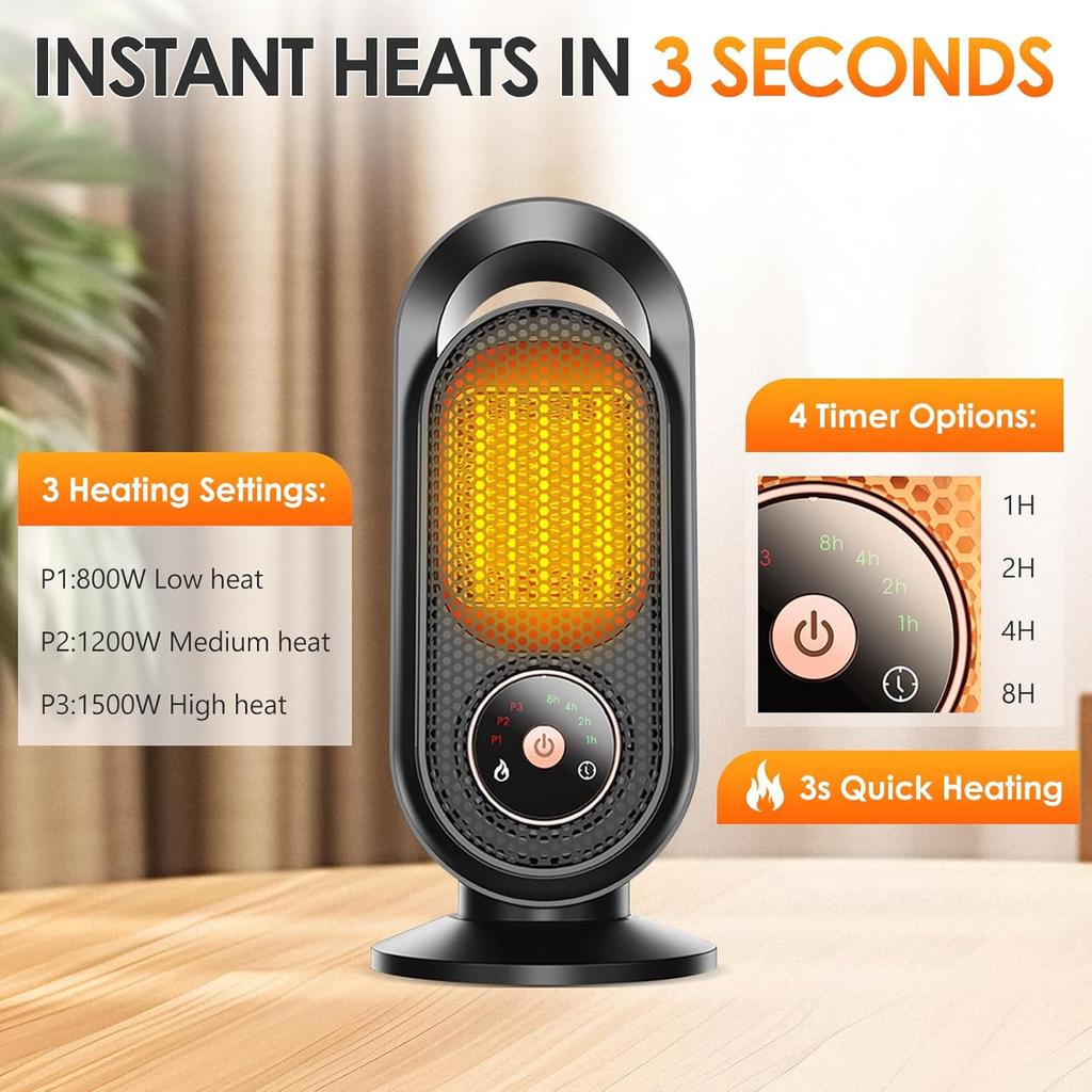 Domestic Heater 1500W Ceramic Heater 3s Fast Heating Overheat Protection Portable Quiet Mini Heater for Home Office Bedroom Use