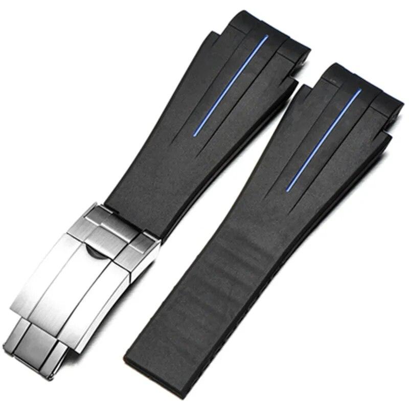 21mm Black Rubber Watchbands Silicone Strap Deployment Clasp Folding Buckle Fits For Rolex Yacht Master Oysterflex