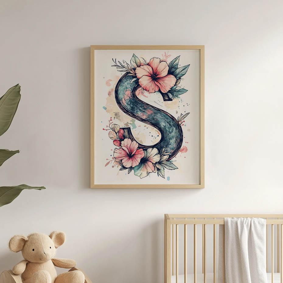 Plakat Z Literą S Wśród Kolorowych Kwiatów Plakat Z Literą S Wśród Kolorowych Kwiatów, 50X70 Cm, Rama Drewniana Jasny Dąb, Papier Matowy 230 Gsm