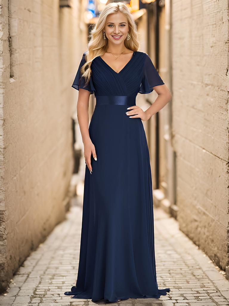 Ever-Pretty Women's Double V-Neck Empire Waist Floor Length Chiffon Evening Dresses with Short Flutter Sleeves