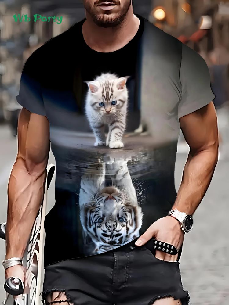 Новая футболка с 3D-принтом кота, летняя, для улицы, мужская, с коротким рукавом, модная, с круглым вырезом, мужские топы, повседневная, оверсайз, мужская одежда