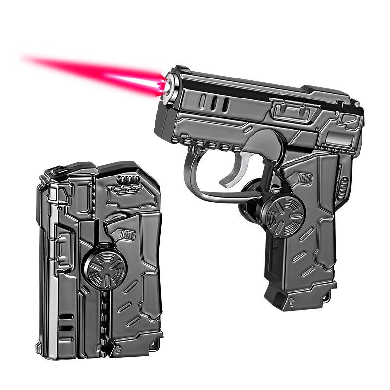 Qunhao Deformable Folding Windproof Lighter - Red Flame, Cool Colorful Lights, Pistol Gyro Design