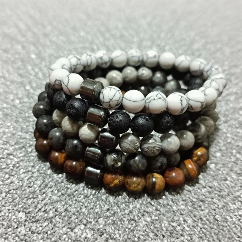Tiger Eye, Volcanic & Map Stone Elastic Beaded Bracelet - Natural Stone Accessory