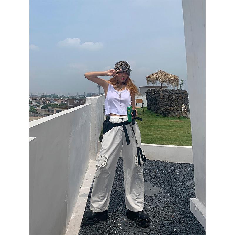 Черные брюки-карго в стиле Харадзюку, женские брюки-карго в готическом стиле с цепочкой, белые широкие брюки, женские хиппи, уличный стиль, эмо-торговый центр, гот