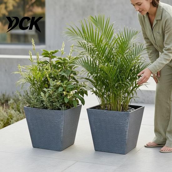 Indoor Outdoor Flower Pot Square Plastic Pot, Stone-Look Planter with Drainage Hole, Modern Plant for Plants, Living Room Patio Garden Decor