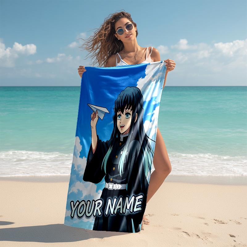 Personalized customized proof beach towel with Demon Slayer Muichiro Tokito pattern - soft, absorbent,quick-drying,perfect