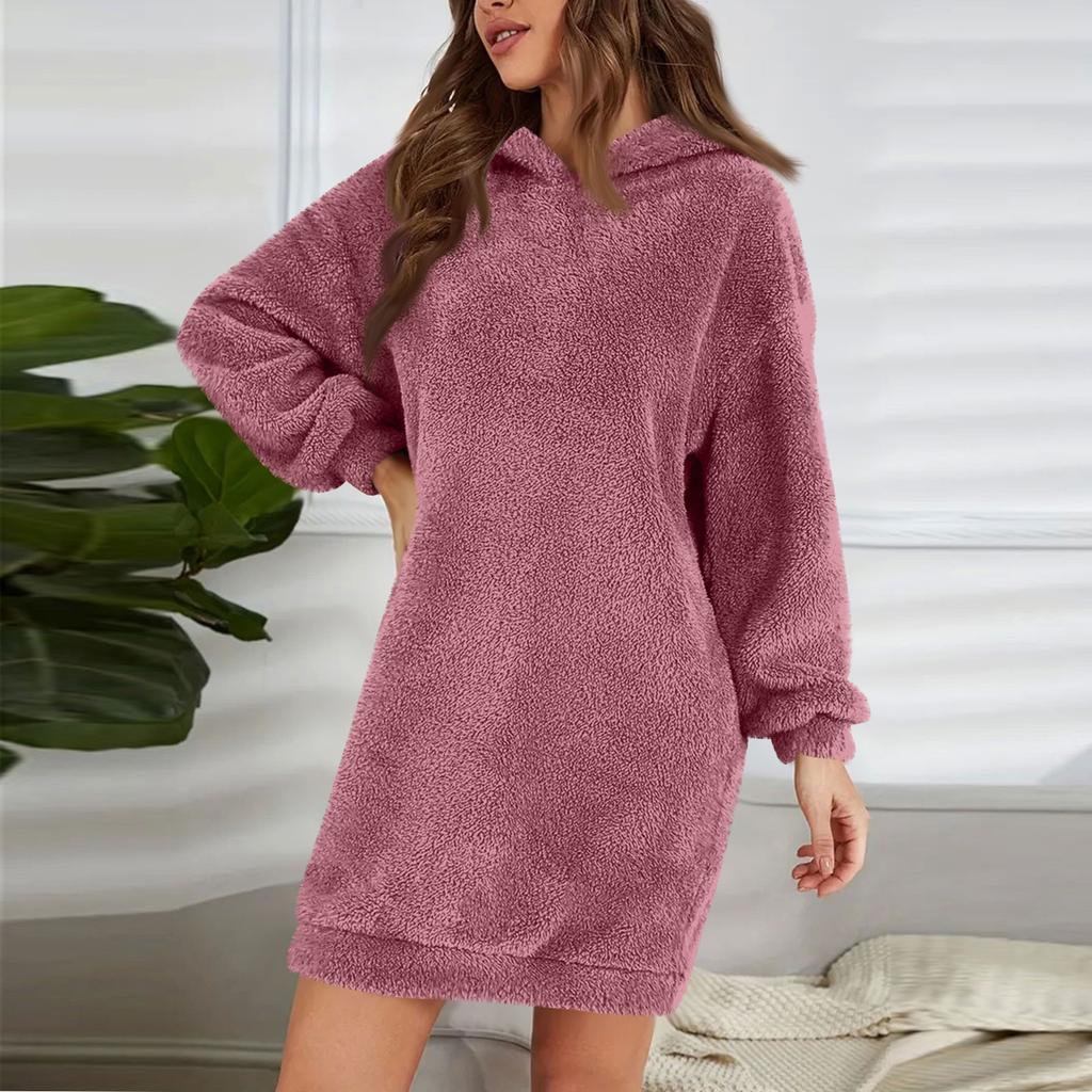 Женское модное однотонное плюшевое платье с капюшоном и длинными рукавами, свободная повседневная толстовка