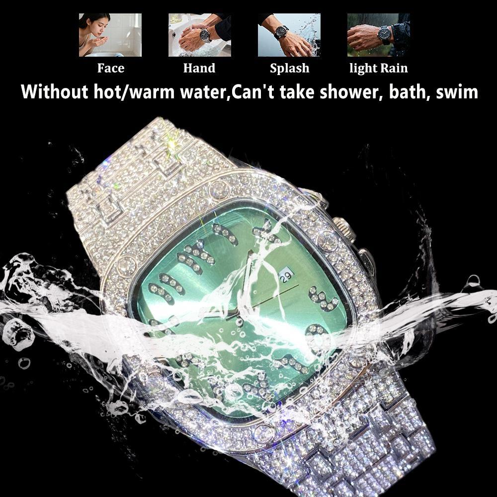 Luxury Diamond Watch for Men Hip Hop Style Bling Iced Out Wristwatch Fashion Square Steel Waterproof Clock