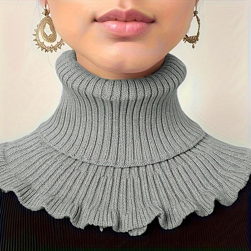 Fashionable Black and White Knitted False Neck Scarf - Soft, Thick, and Warm, with Elegant Ruffle Edge Design for Women