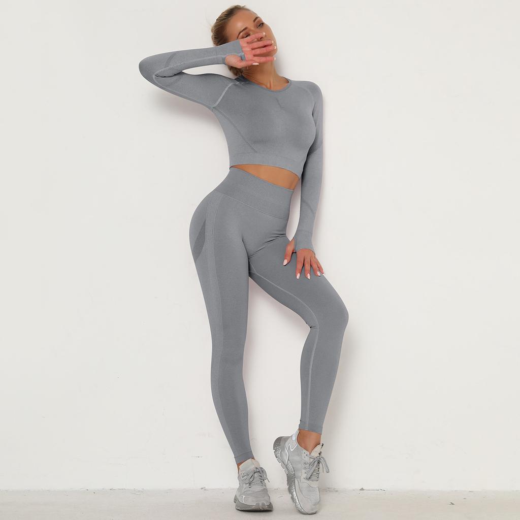 Бесшовный комплект из 2 предметов, костюм для йоги, футболки с длинными рукавами, леггинсы с пуш-ап, сексуальные спортивные комплекты для тренажерного зала, большие размеры