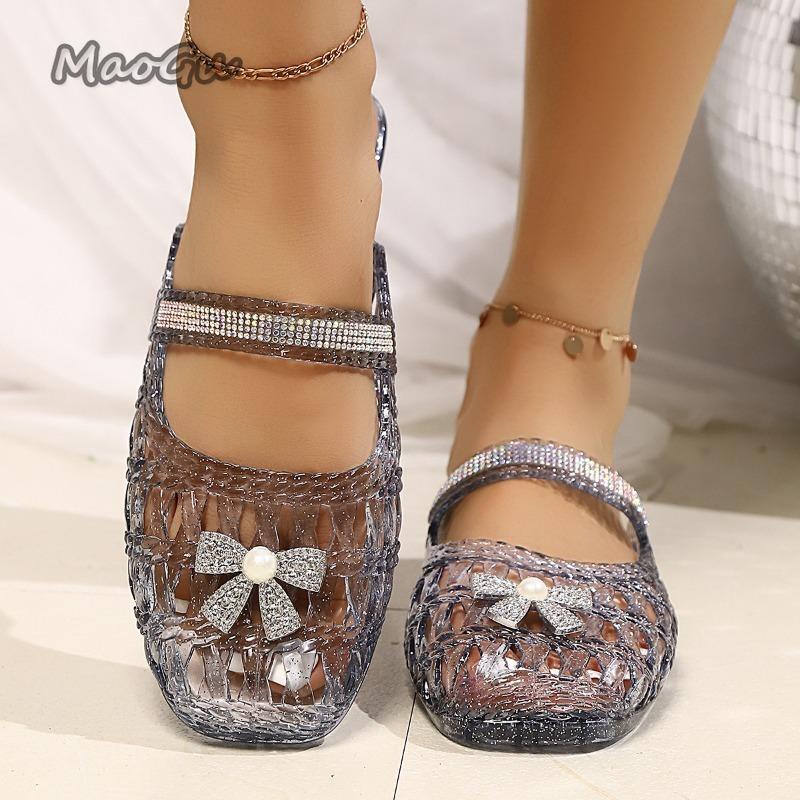 Fashion Low Heel Hollow Crystal Shoes for Women Pvc Slides Women's Beach Slippers Summer Footwear Large Size37 41 Zapatos De Mujer