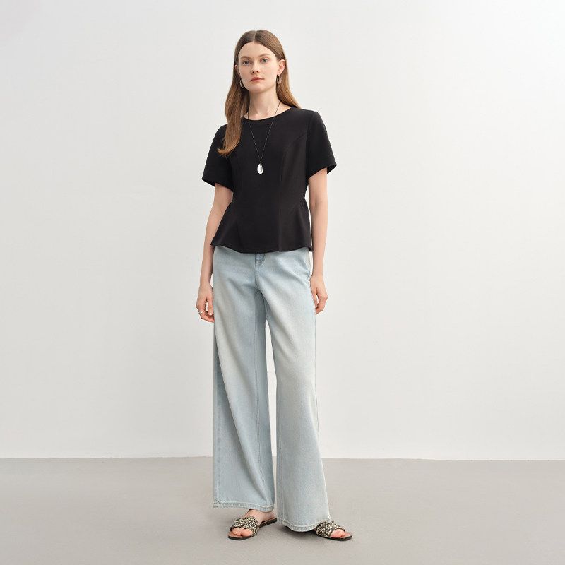 Single Beam Plus size women clothing [Wind and Lotus Swing] Princess Line Split Arc Pleated Slimming T-shirt Shoulder Top