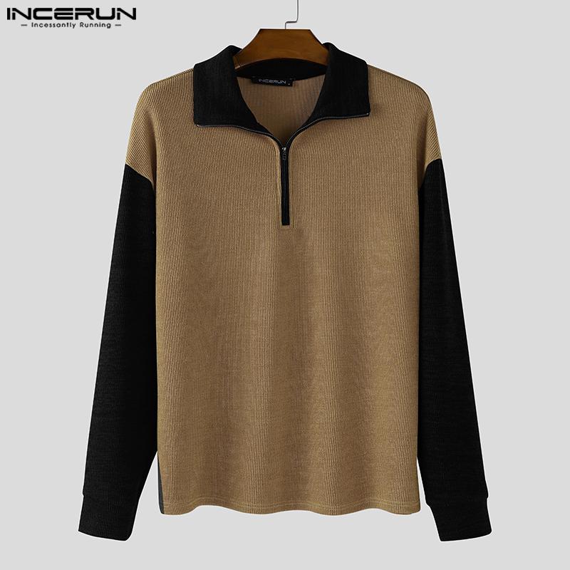 INCERUN Осенние мужские пуловеры с длинным рукавом, на молнии, с лацканами, с декоративной строчкой, в рубчик