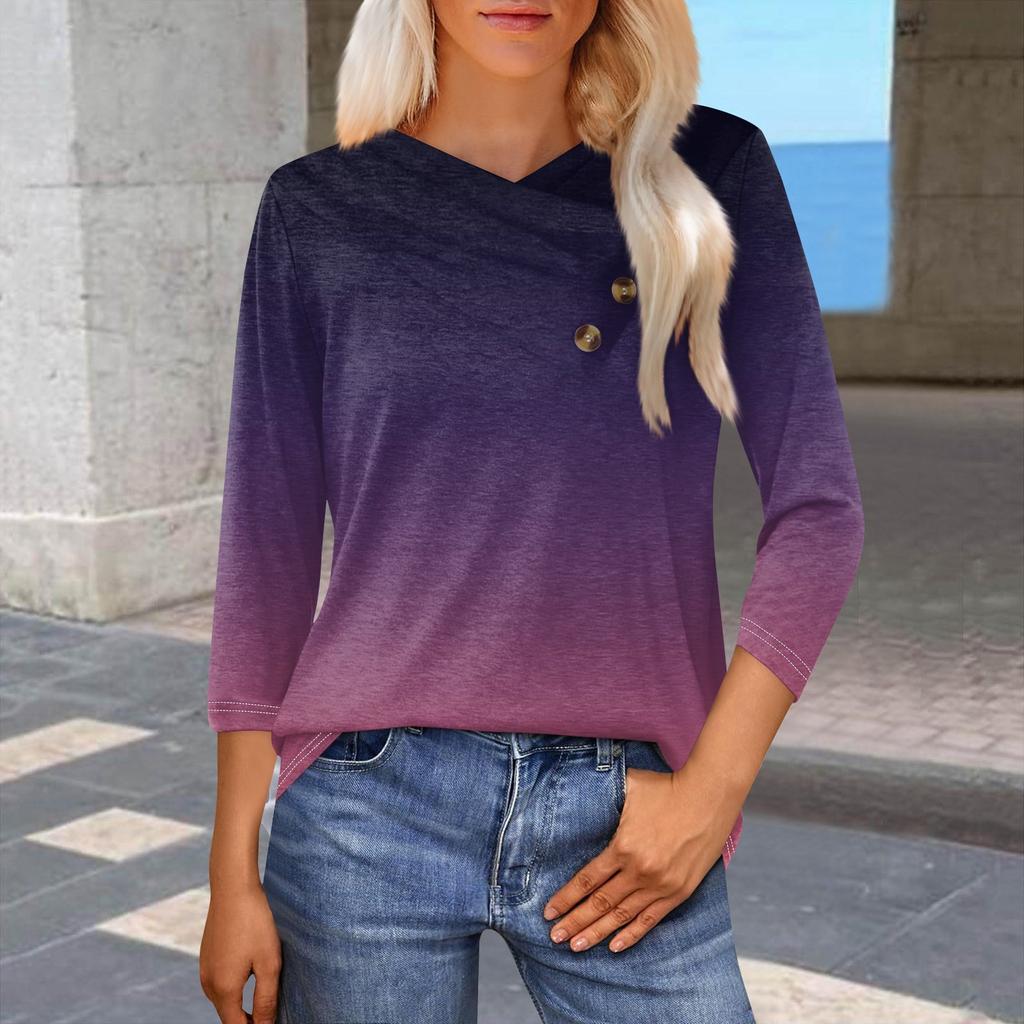 Женская модная повседневная футболка с принтом в виде градиента, рукавами-семиточками, V-образным вырезом и застежкой на пуговицы