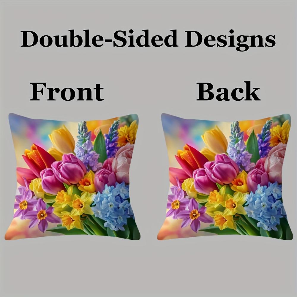 1Pc 2D Flat Retro Dutch Floral Pillowcase Double Sided Spring Flower Cushion Cover Zipper Closure Bright Color Tulip Dandelion