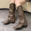 Vintage Pointed Woman Western Boots Fashion Brown Riveted Trouser Sleeve Boots Coarse Heel Fashion Knee High Boots Size 35-40