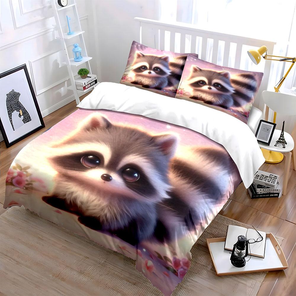 Adorable raccoon with pink background Bedding Set for Kids Luxury Gift 3pcs Digital Print Comforter Set Soft Comfortable