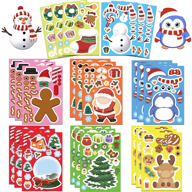 8pcs Cute Christmas Puzzle Stickers Make a Face Kids DIY Toys Assemble Sticker Games Xmas Party Favors 2025 New Year Gift