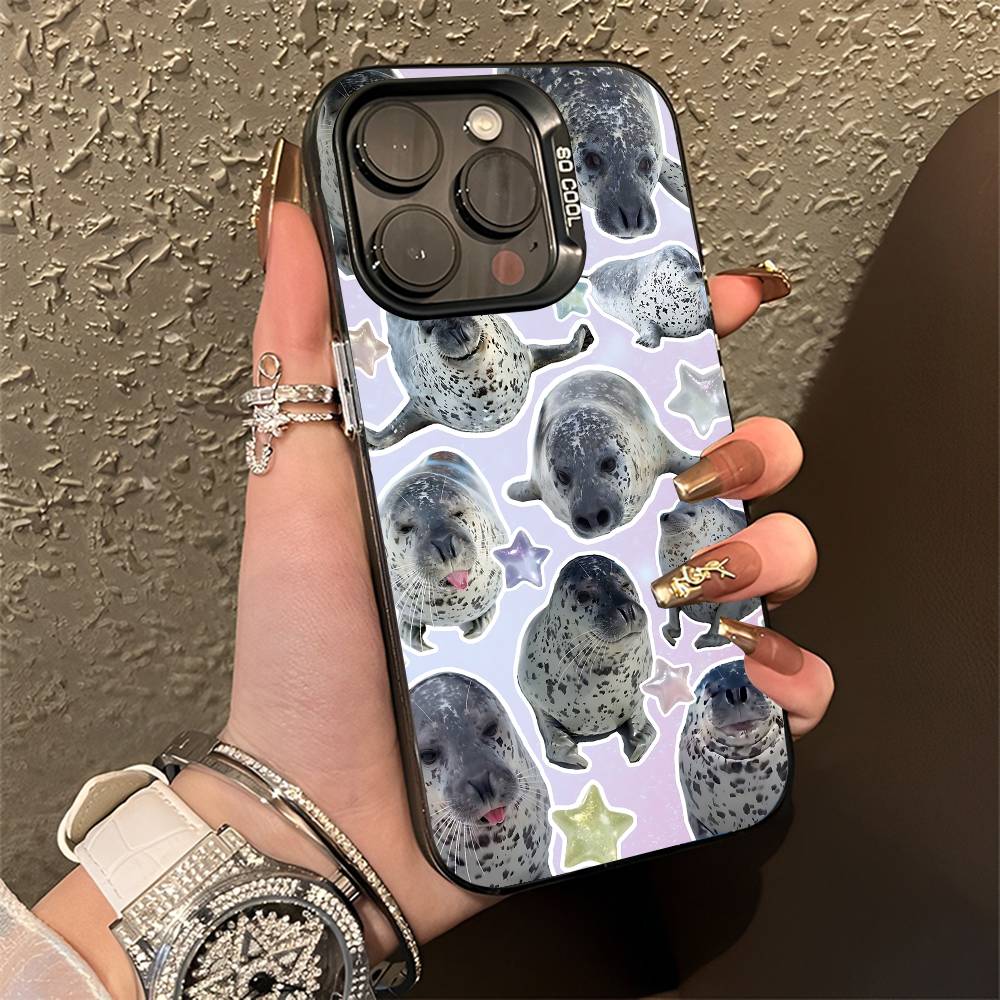 Чехол для телефона 'Тюлень и Морская Креветка' для iPhone 15,17,11,14,13,16,12,E,Max,Plus,Air,Pro,Mini, Черный Матовый