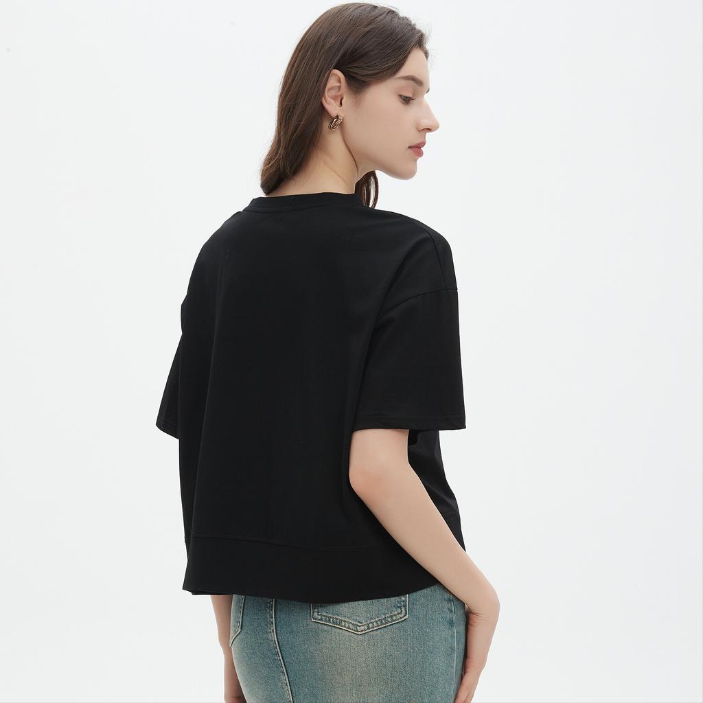 Dimanaf 2025 Summer Pocket T-shirt Women Printing Buttons Asymmetrical Short Sleeve Loose