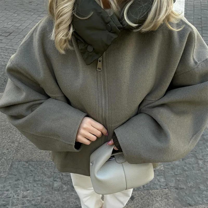 Women's Casual Hooded Drawstring Long Sleeved Jacket Autumn Winter Fashion Zipper Panelled Coat Short Loose High Street Outwear