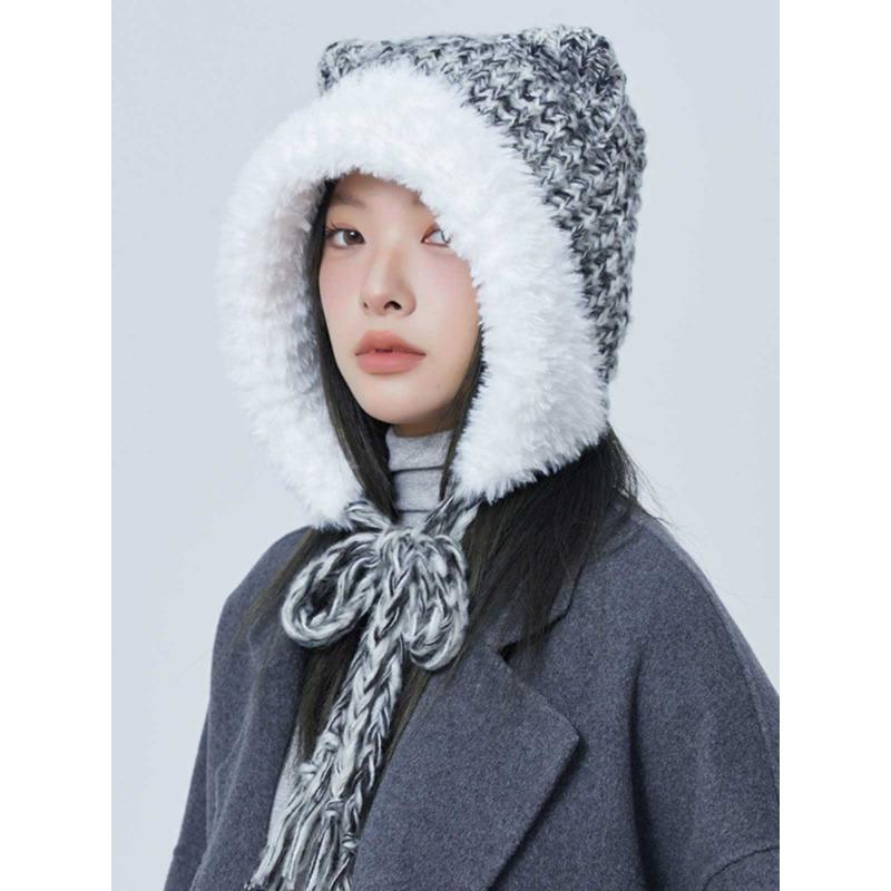 Cute Plush Knitted Hat with Cat Ears Big Head Circumference Face Showing Small Colorful Thick Woolen Contrasting Color Ear Protection Hat