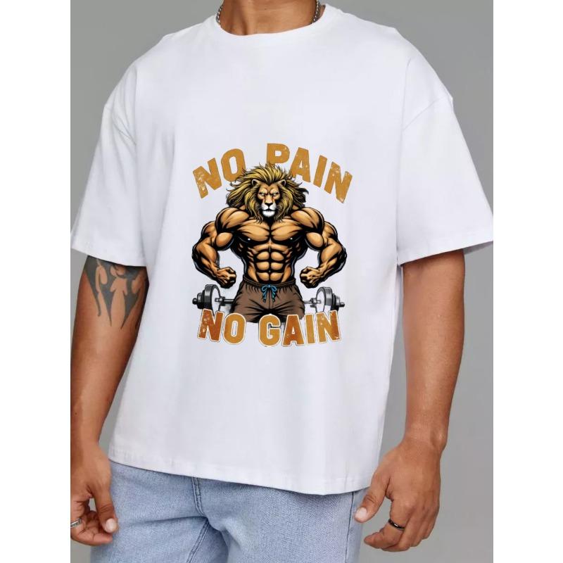 Мужская футболка Muscle Lion белая с графическим принтом No Pain No Gain для тренировок в зале, фитнеса, мотивационная одежда