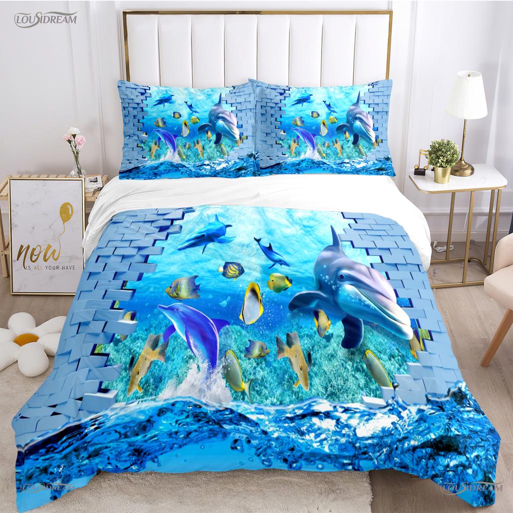 3D Ocean World Dolphin Whale Fish Duvet Cover Comforter Beding Set Soft Quilt Cover and Pillowcase for Single/Double/Queen/King