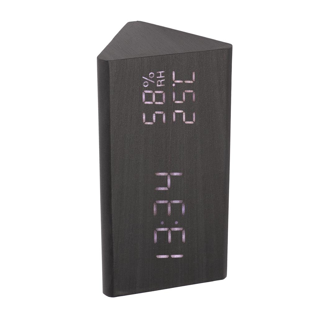 Digital Alarm Clock Regulable Brightness Temperature Humidity Display Black Wood White Light LED Des