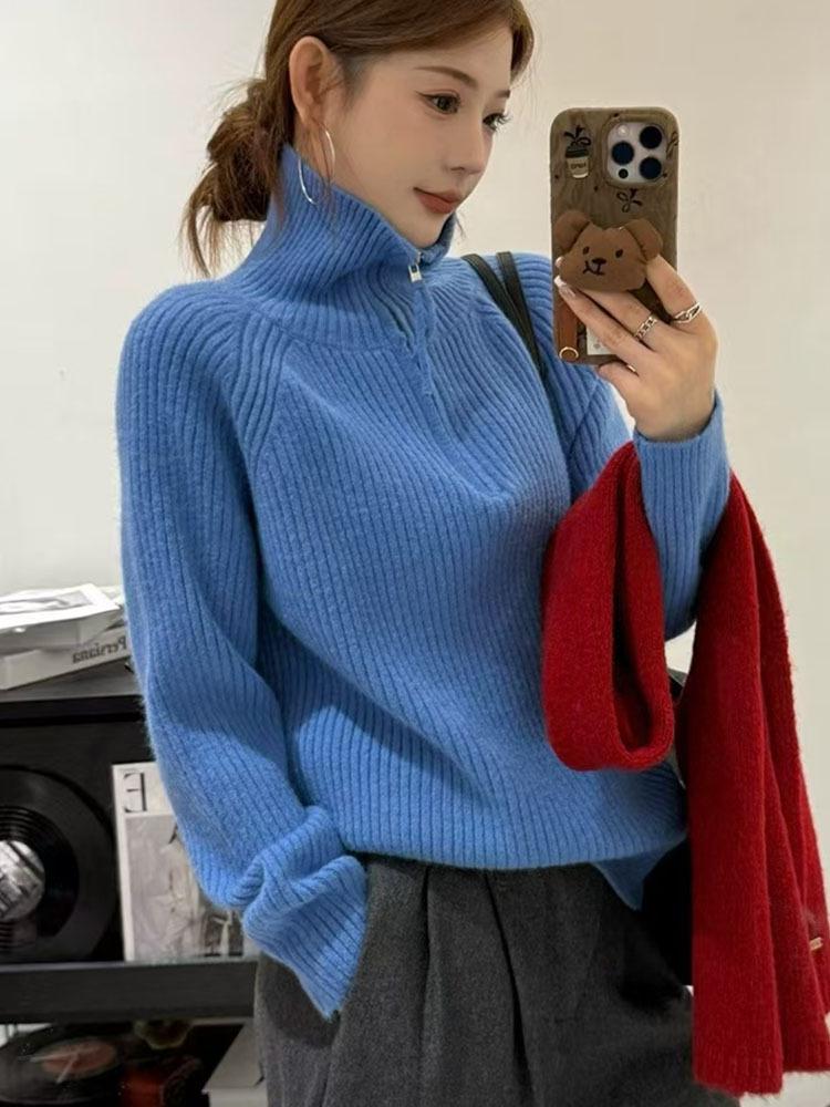 Women's High Neck Zipper Sweater - Autumn/Winter Loose Fit Korean Style Knitwear