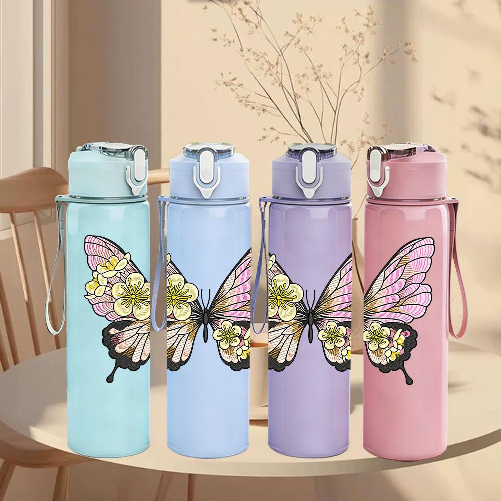 1PC Pastel Double Butterfly Floral Graphic,750ml Color Plastic Sports Water Bottle,Leakproof Flip Straw Lid,Suitable for Sports Office Home Use