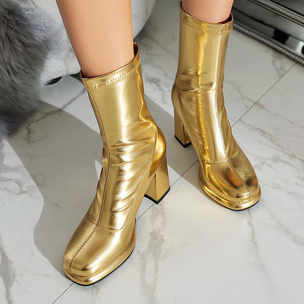 Krazing Pot PU Autumn Winter Shoes Super High Heels Platform Boots Square Toe Keep Warm Zipper Ankle Boots