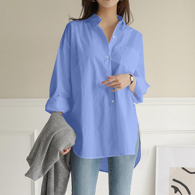 ZANZEA Женская свободная повседневная блузка с отложным воротником и длинным рукавом