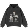 Streetwear Anime Girl Graphic Side Pockets Pullover Unisex Oversized Washed Black Hoodie