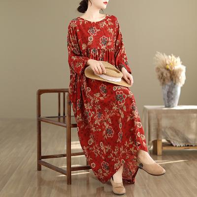 Женское летнее платье в винтажном стиле размера плюс 2025 года, элегантное льняное длинное платье с цветочным принтом, базовое свободное платье