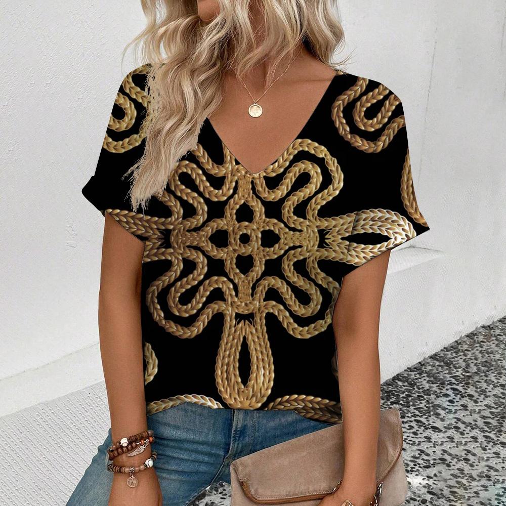 Женская футболка высокого качества с v-образным вырезом в стиле ретро, ​​футболка с золотым ожерельем и узором, модная футболка с принтом, женская футболка с короткими рукавами