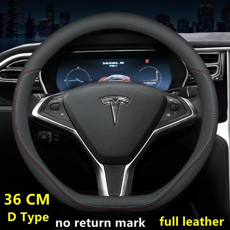 Кожаный чехол на руль автомобиля для Tesla Model 3 Y S X 2024 36-38 см Черный Автоаксессуары для интерьера