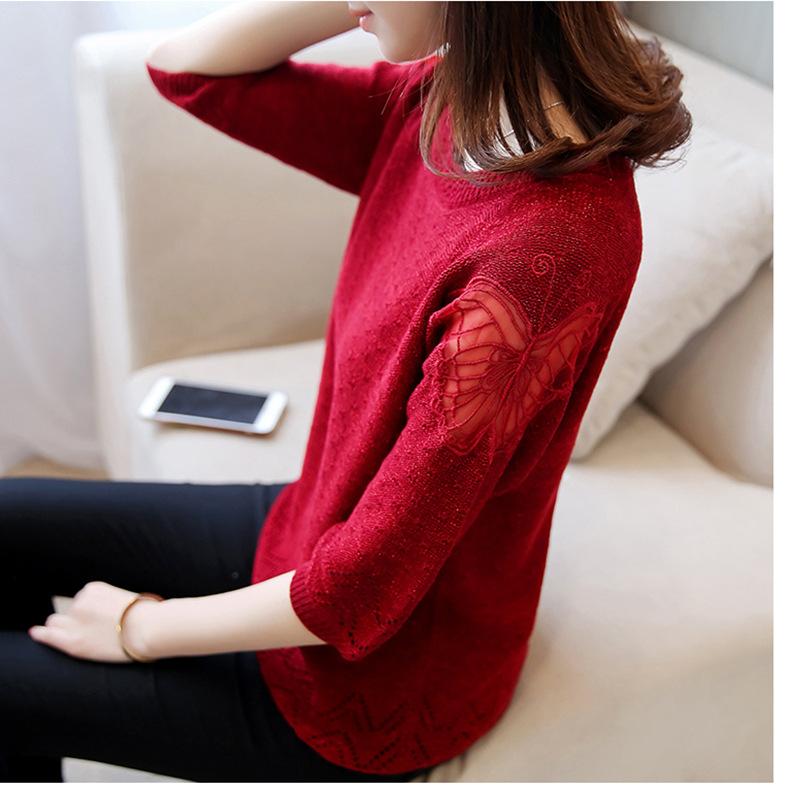 Тонкий свитер, полый кружевной вязаный свитер, новые женские свободные рубашки с семиминутными рукавами, топы