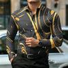 New Men's Long Sleeved Shirt, Gold Abstract Curve Top, with a Lapel and Open Button for Daily Office Wear, Trendy Men's Shirt