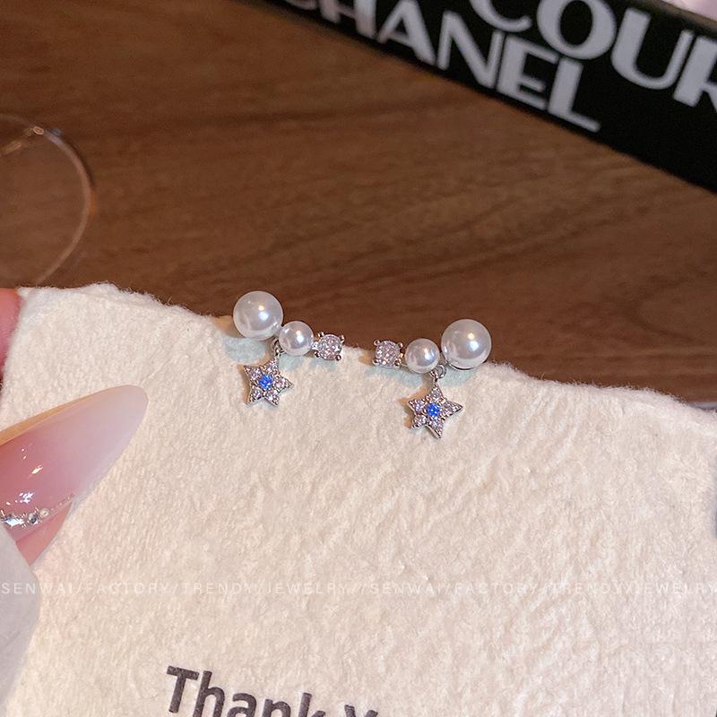 Korean micro-inlaid zirconium pearl pentagram earrings women's niche design temperament earrings new ear jewelry