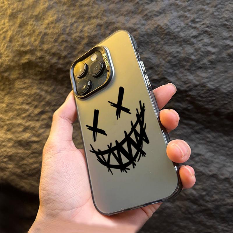 Smiling Devil Print Electroplate Silver IMD Phone Case For iPhone 16 15 14 13 12 11 Pro Max 7 8 Plus X 16E Shockproof Hard Cover
