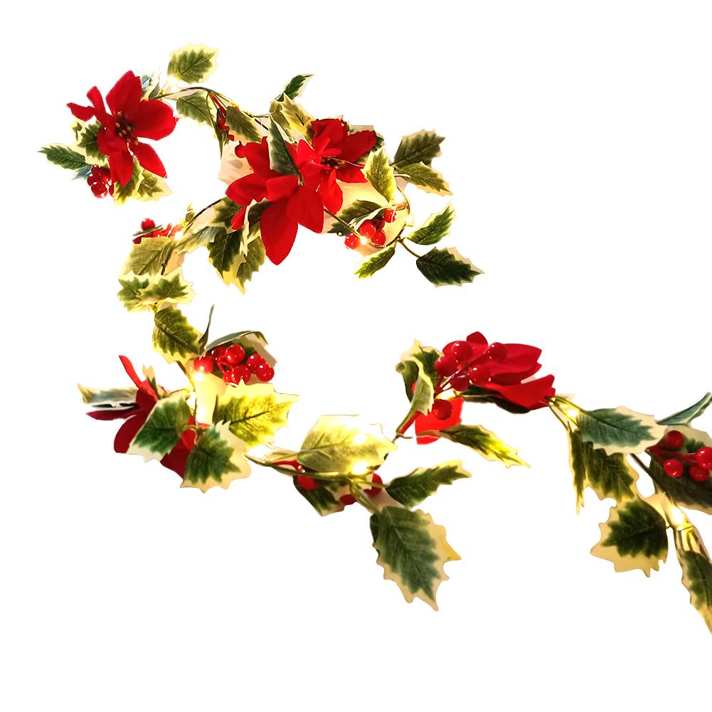 2 Meter Artificial Poinsettia Christmas Garland with Red Berries and Holly Leaves with LED String Lights For Christmas Decoration
