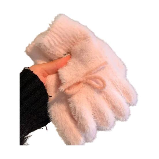 Yousheng Women Fuzzy Thermal Gloves Fluffy Winter Thick Full Finger Gloves with Bows Solid Color Cute Warm Plush Gloves for Girls Cycling Daily