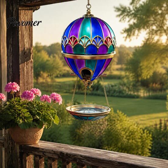 Garden Bird Feeder Hot Air Balloon Feeder, Retro Stained Glass Art with Water Easy Fill Tray, Hanging Bath for Outdoor Patio Backyard