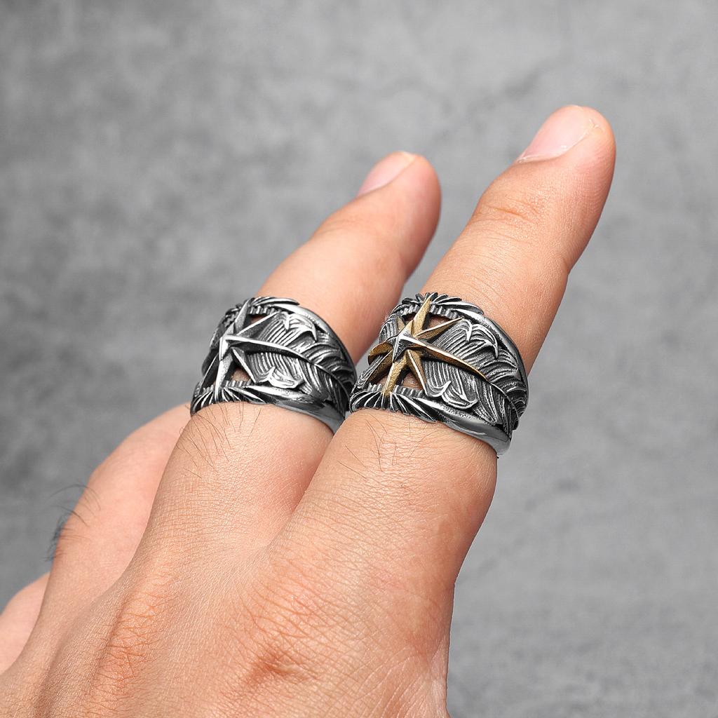 Кольцо Octagram из нержавеющей стали 316L с перьями, мужское кольцо в стиле панк-рок, рэп для байкера, мужского друга, ювелирное изделие, креативный подарок