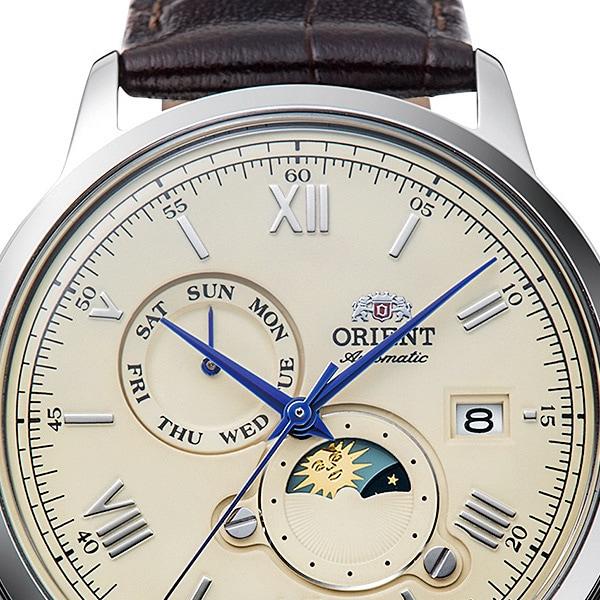 Orient Мужской TRN-AK0803Y (Классическая мужская кожаная сумка Bambino Sun and Moon) Круглые часы из нержавеющей стали