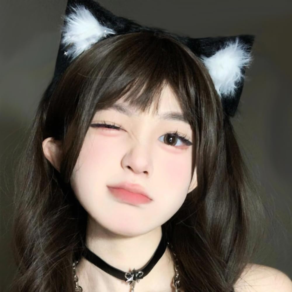 Кошачьи ушки Уши для кошек животных Пушистые ушки Повязка для волос Аксессуары для костюмов Кошачий костюм Аксессуары для волос Товары для мероприятий Школьный фестиваль [Solxion] (Чернить &