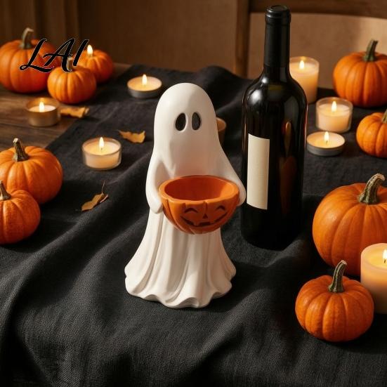 Vintage Style Ornament Halloween Ghost Figurine with Pumpkin Candy Bowl Cute Resin Statue Freestanding Desktop Light Trick or Treat Holder for Front