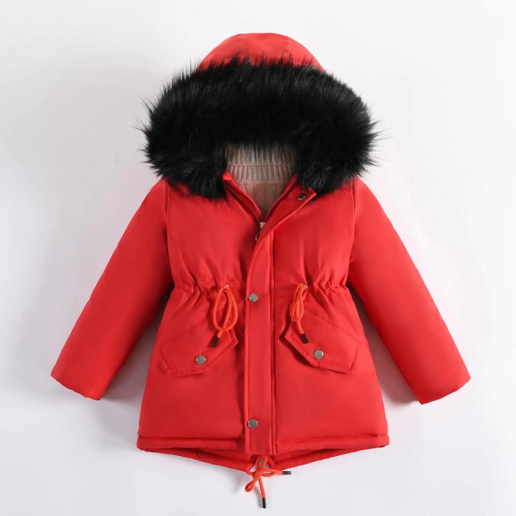 Winter Girls Jacket Fur Collar Lining with Velvet Hooded Thick Coat for Kids Children Children's Outerwear Big Size Teen-agers